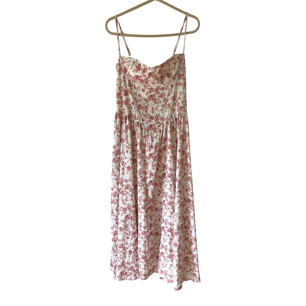 Floral Bustier Maxi Dress S/M Pink Rose Cottagecore Basque Waist Sundress White